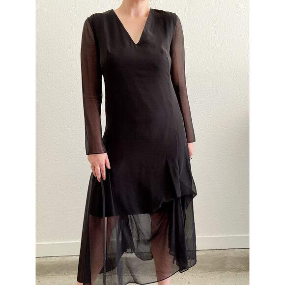 Akris 100% Mulberry Silk Sheer Long Sleeve Layered Midi Dress Black Size 10 - Picture 1 of 8